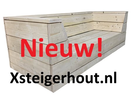 Steigerhout bank met schuinte zijkanten rand bovenop en dichte achterkant
