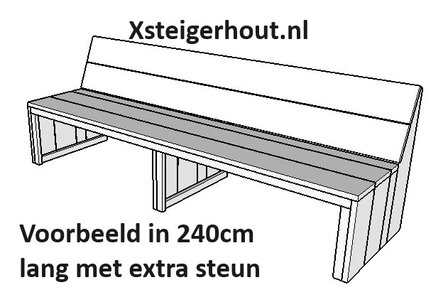 Steigerhout bank met open onderkant in 240cm lang met extra steun onder zitting