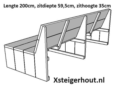 200cm lang, zit 35cm hoog en 59,5cm diep achterkant