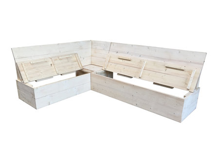 Oostenrijkse hoekbank steigerhout met kleppen open
