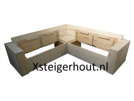Steigerhout hoekbank met opbergruimte kleppen open