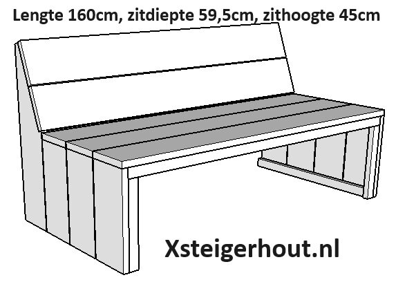 Steigerhout bank met open onderkant voorkant tekening 59,5cm diep