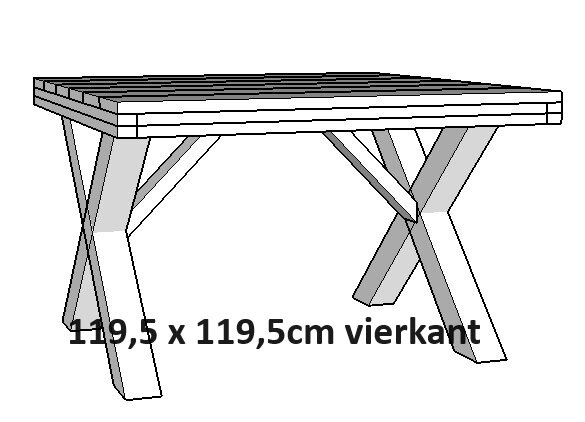 Vierkante tafel met kruispoten 119,5 x119,5cm breed