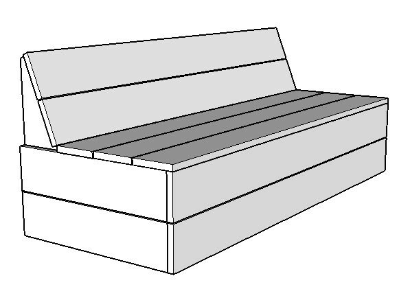 Tekening klepbank op maat steigerhout zonder armleuningen