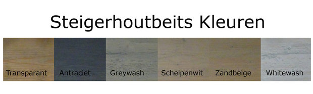 Steigerhoutbeits transparant,antraciet,greywash,schelpenwit,zandbeige,whitewash naast elkaar